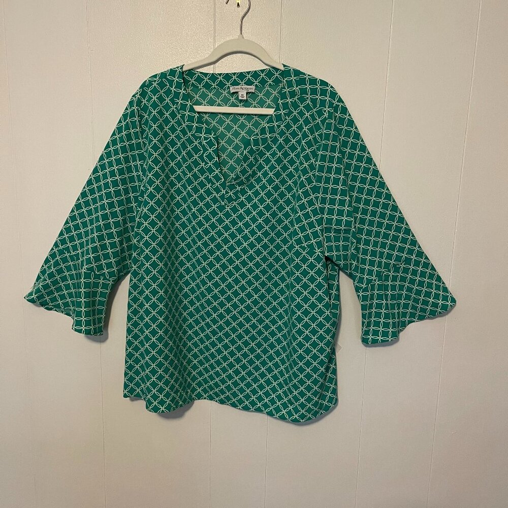 Kim Rogers 3X Green/White Damask V-Neck Print 3/4 Sleeve Blouse